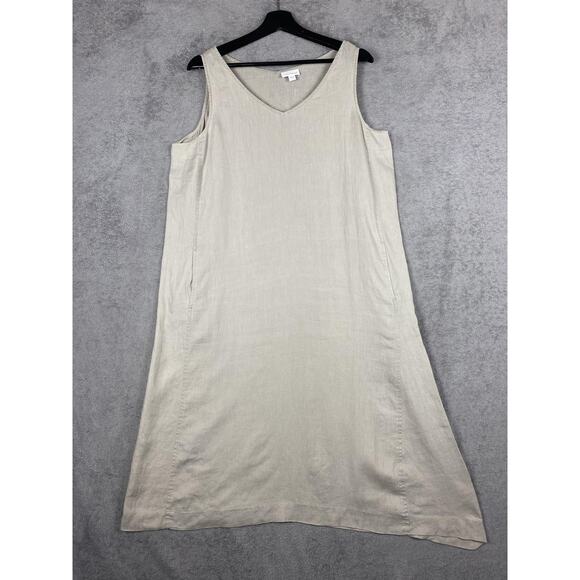 Pure Jill Dress Womens Medium Beige Linen Sleeveless Midi Shift Lagenlook - Picture 1 of 12